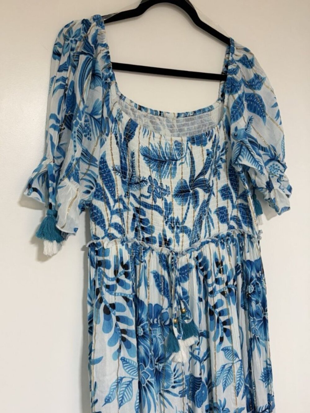 Women’s Blue Tropical Short Sleeve Boho Maxi Dress Size XL Tassels - Picture 3 of 9